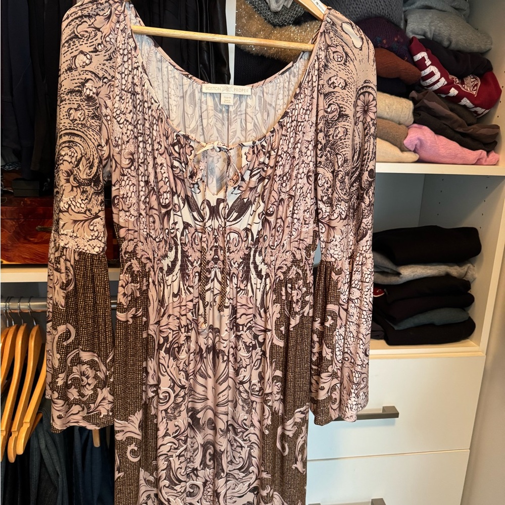 Boston Proper Brown and Tan Bishop Sleeve Sundress